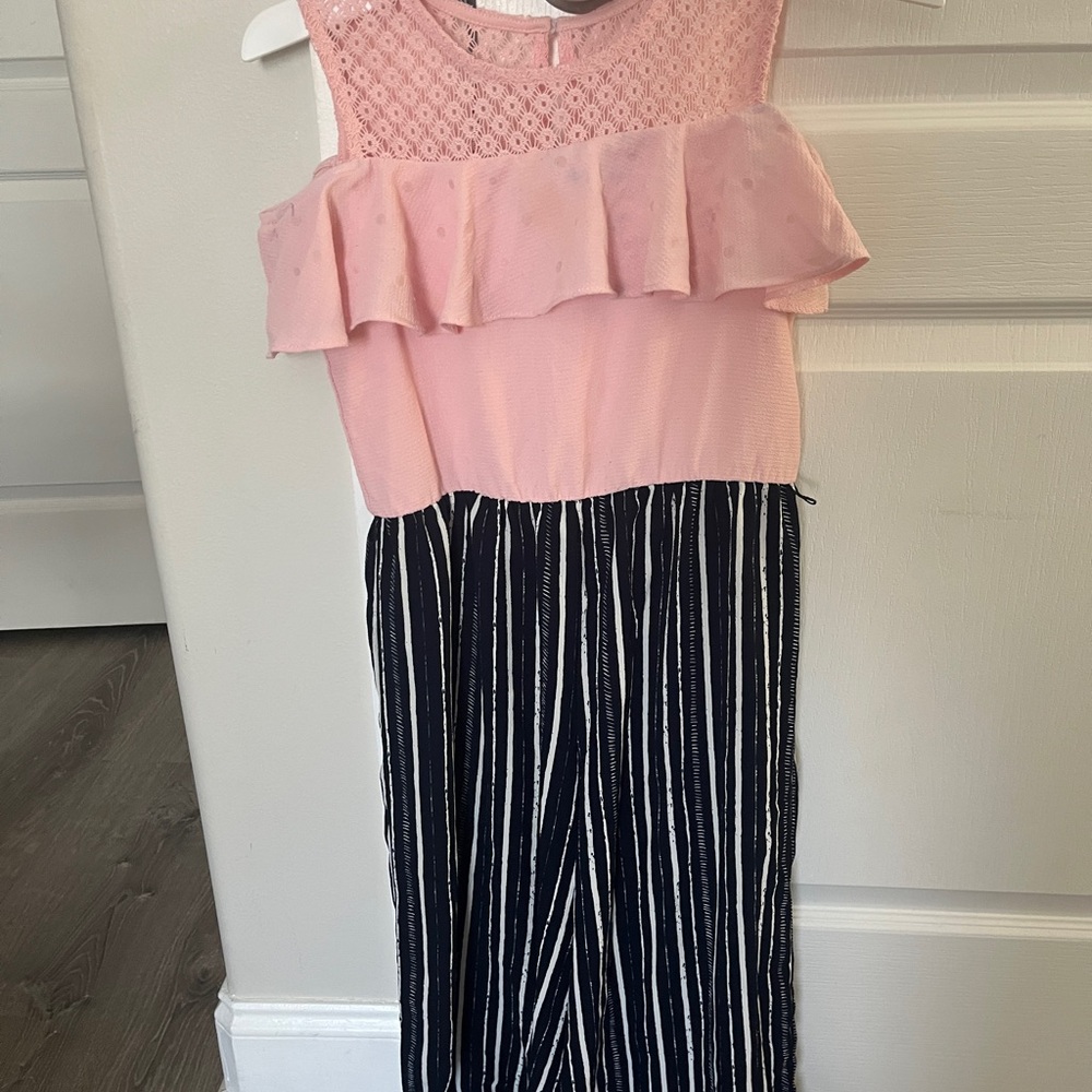 Girls Pink Ruffle Top Jumpsuit with Navy Stripe Pants